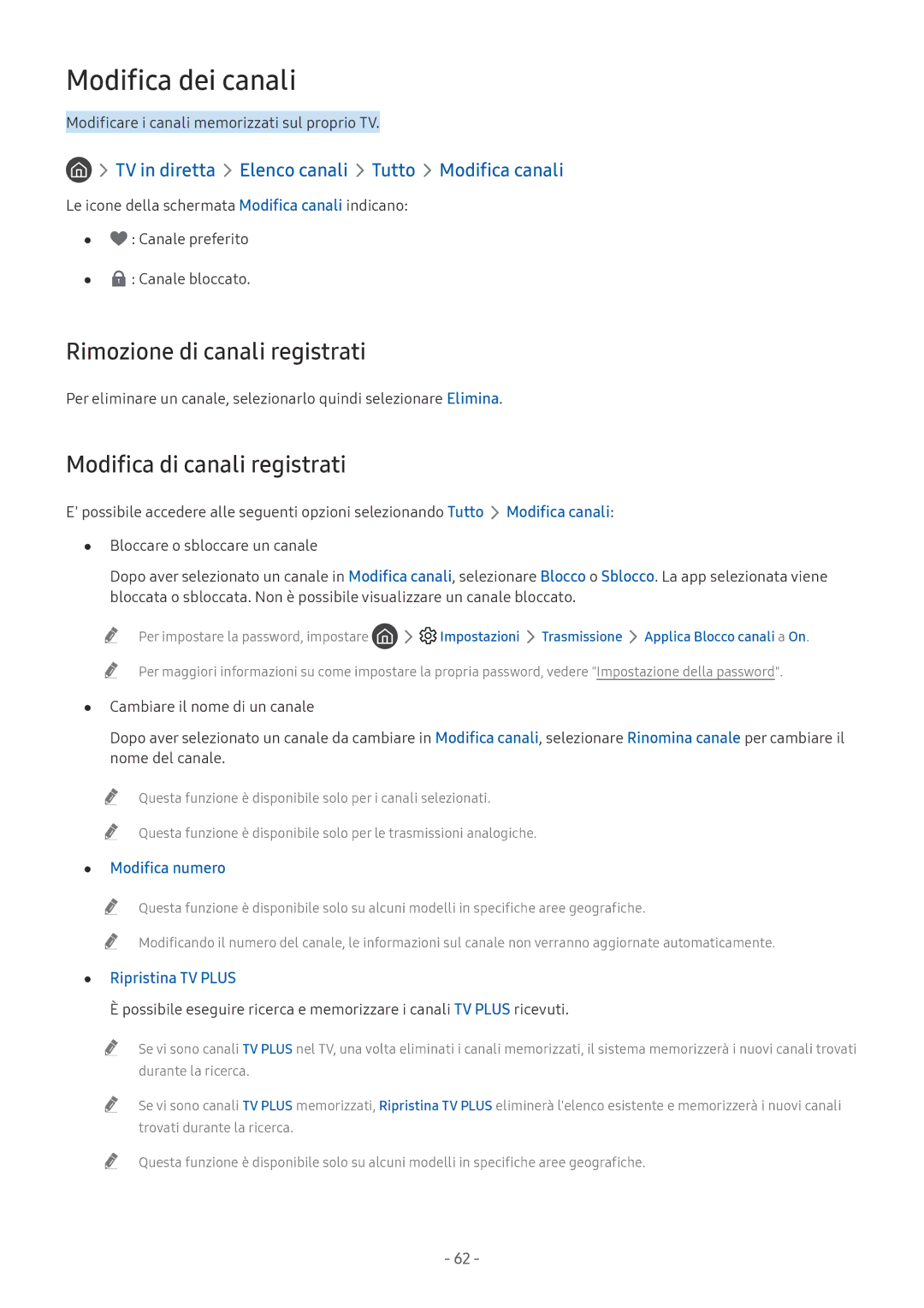 Samsung QE55Q6FAMTXZT, UE65MU6442UXXH Modifica dei canali, Rimozione di canali registrati, Modifica di canali registrati 