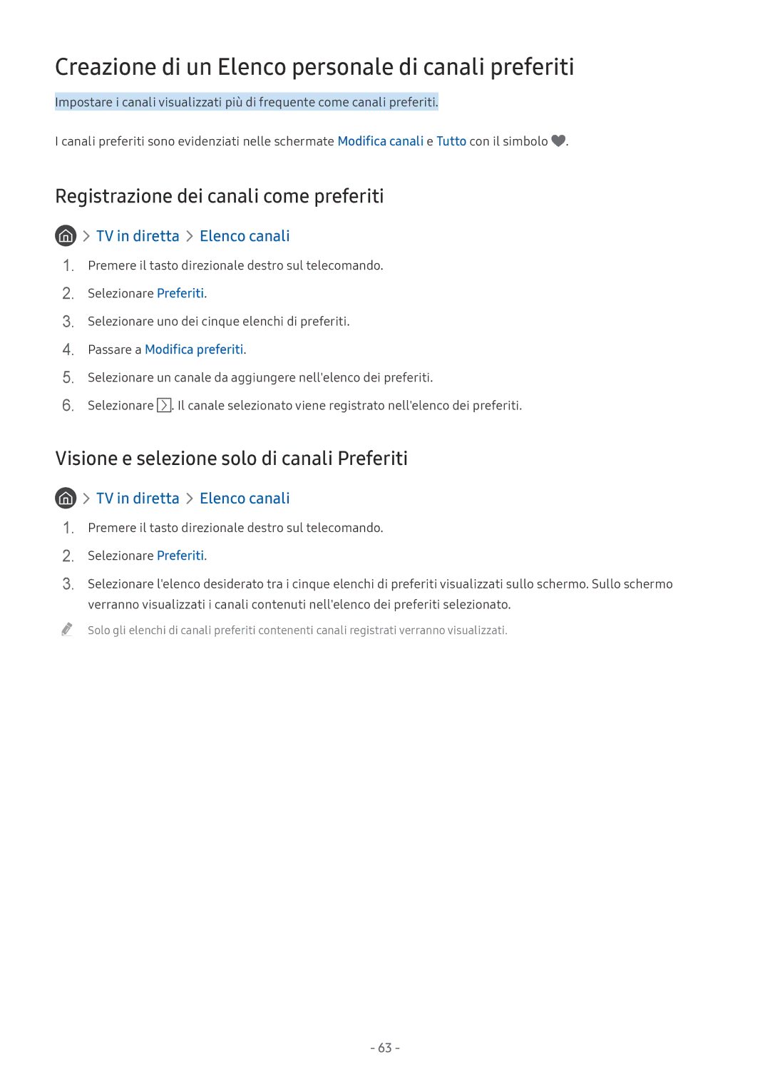 Samsung UE55MU6120KXZT manual Creazione di un Elenco personale di canali preferiti, Registrazione dei canali come preferiti 