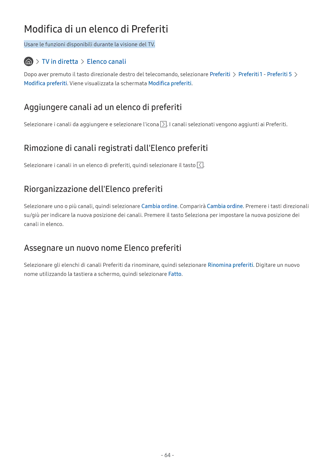 Samsung UE49MU6120KXZT, UE65MU6442UXXH Modifica di un elenco di Preferiti, Aggiungere canali ad un elenco di preferiti 