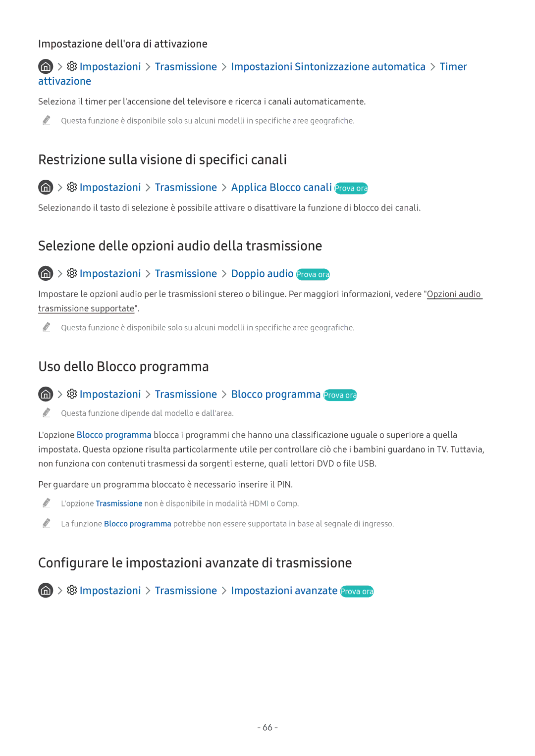 Samsung QE55Q7FAMTXZT Restrizione sulla visione di specifici canali, Selezione delle opzioni audio della trasmissione 