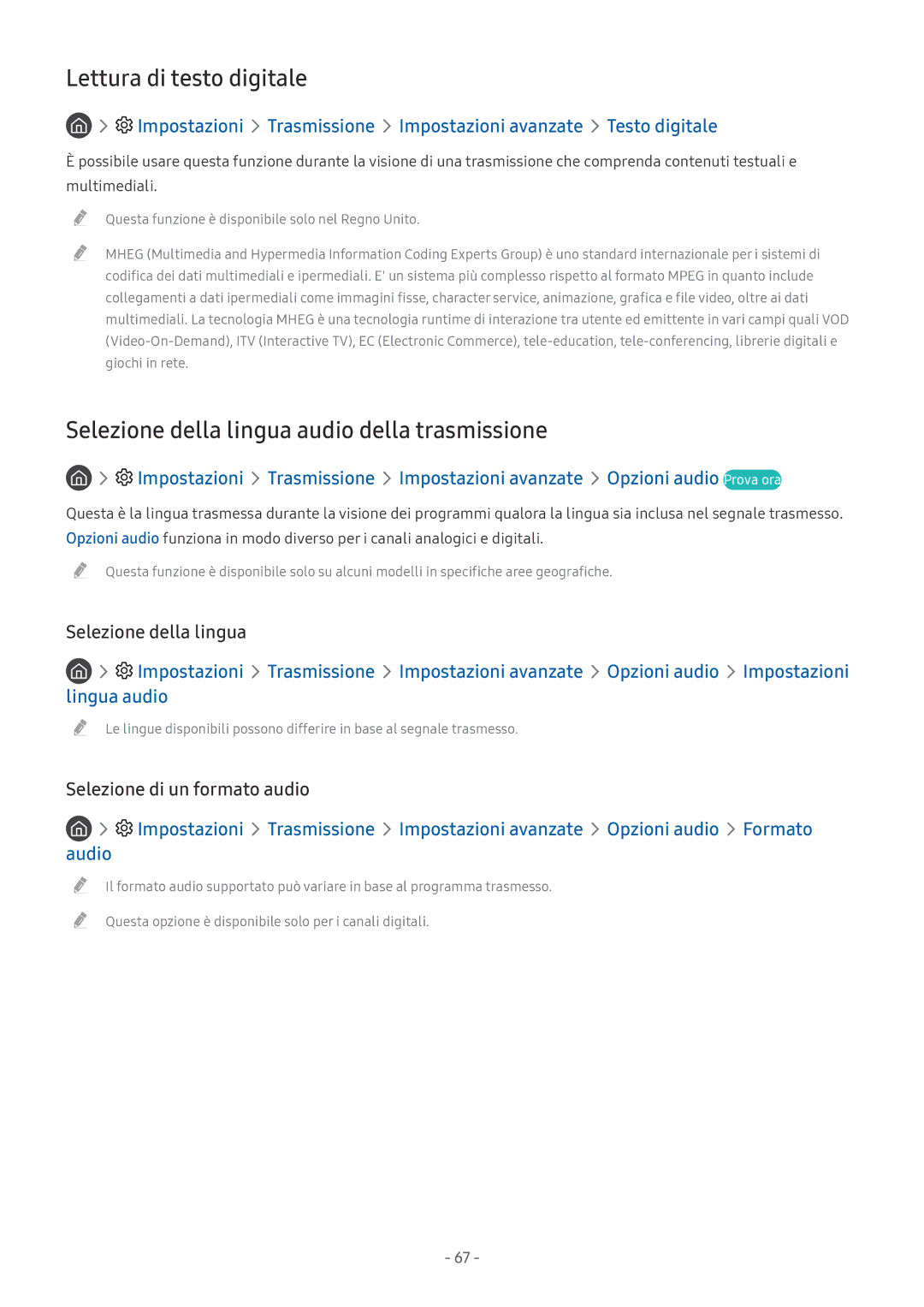 Samsung UE65MU7000TXZT, UE65MU6442UXXH manual Lettura di testo digitale, Selezione della lingua audio della trasmissione 