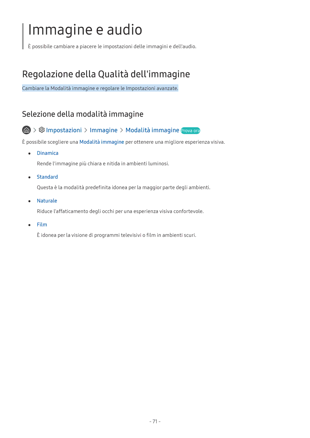 Samsung UE40MU6100KXZT, UE65MU6442UXXH manual Regolazione della Qualità dellimmagine, Selezione della modalità immagine 