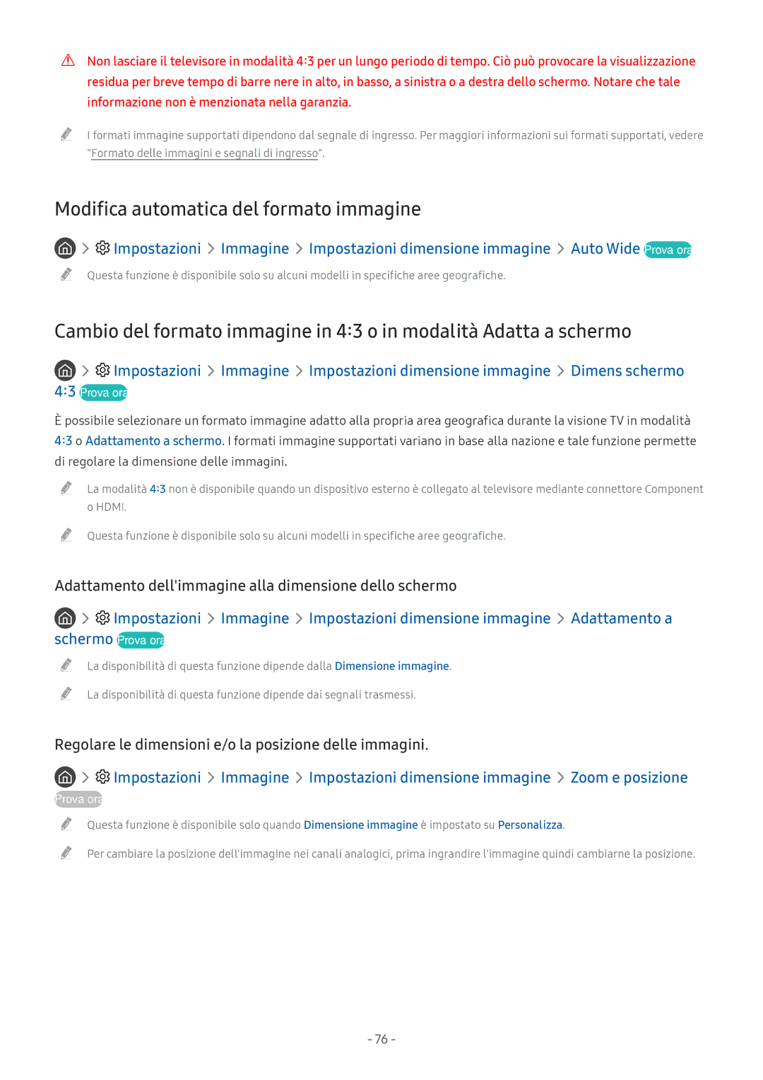 Samsung UE49MU7000TXZT manual Modifica automatica del formato immagine, Impostazioni dimensione immagine Adattamento a 