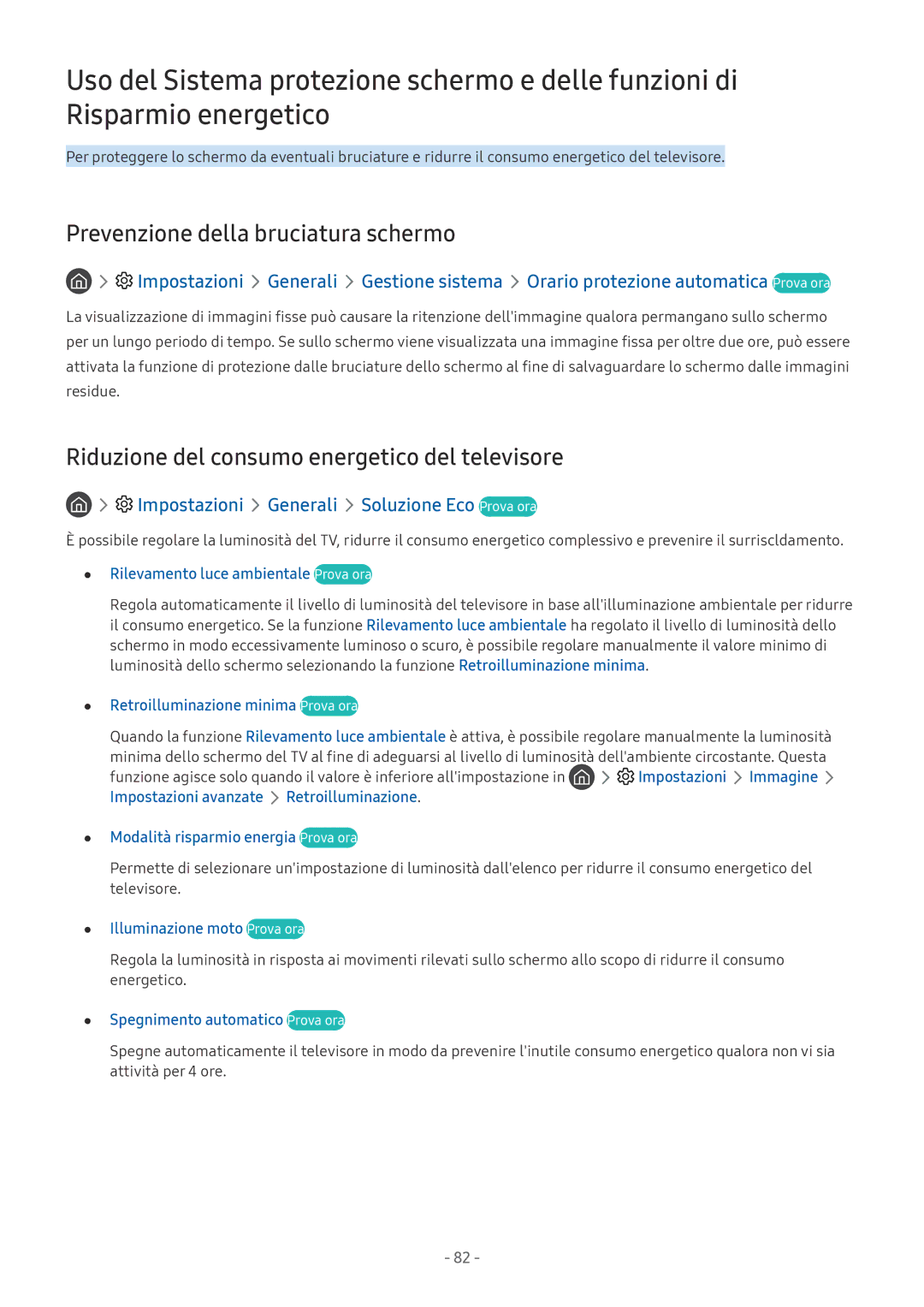 Samsung UE40MU6400UXZT manual Prevenzione della bruciatura schermo, Riduzione del consumo energetico del televisore 