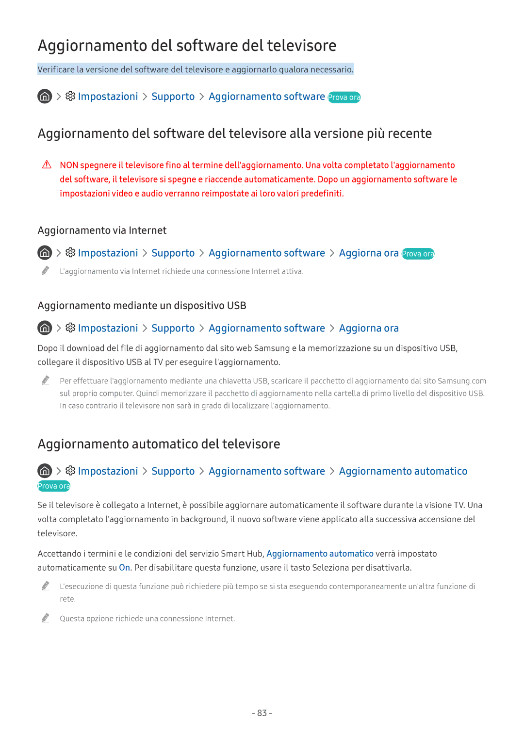 Samsung QE75Q8CAMTXZT manual Impostazioni Supporto Aggiornamento software Prova ora, Aggiornamento software Aggiorna ora 