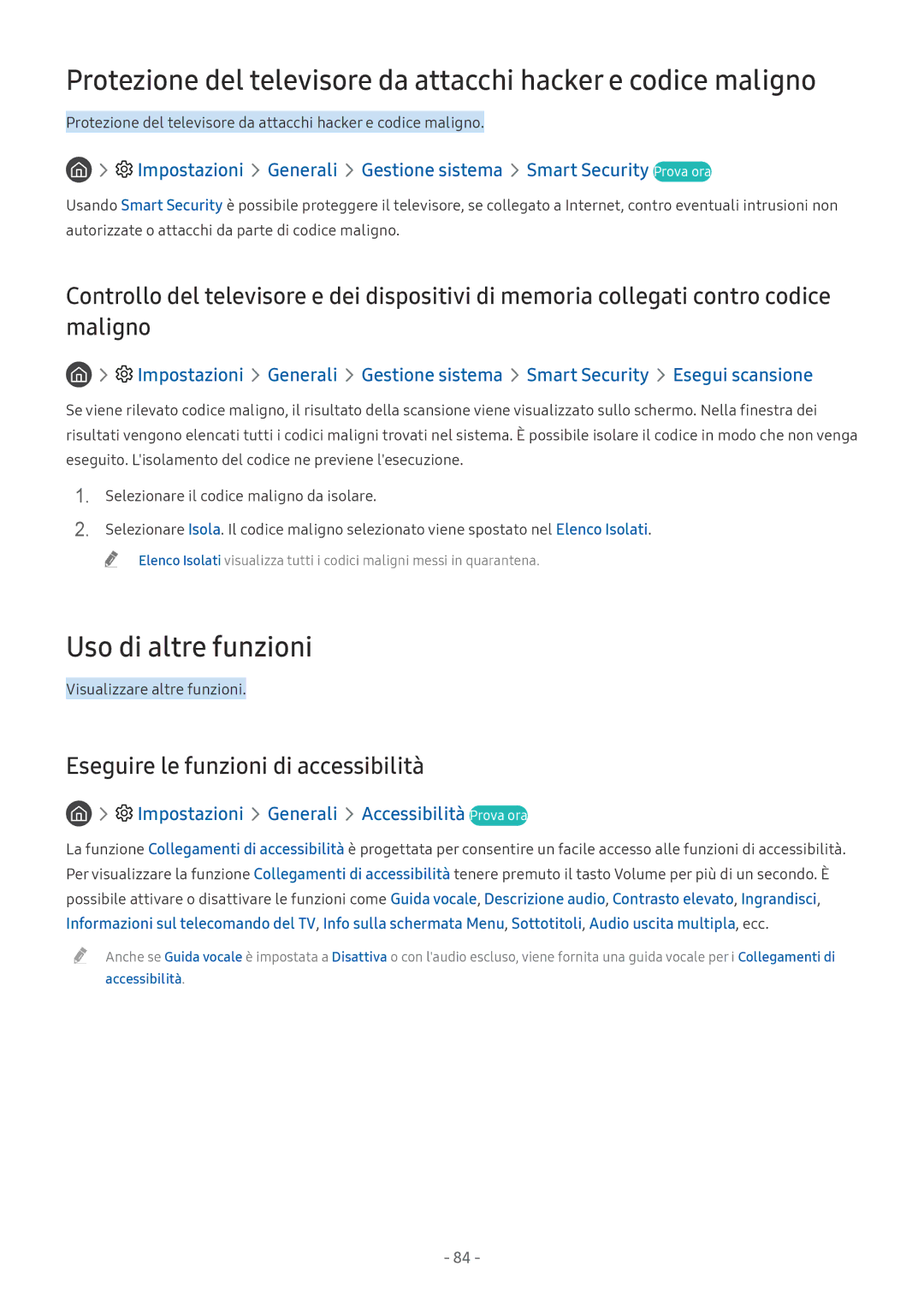 Samsung QE75Q7FAMTXZT, UE65MU6442UXXH manual Uso di altre funzioni, Eseguire le funzioni di accessibilità, Accessibilità 