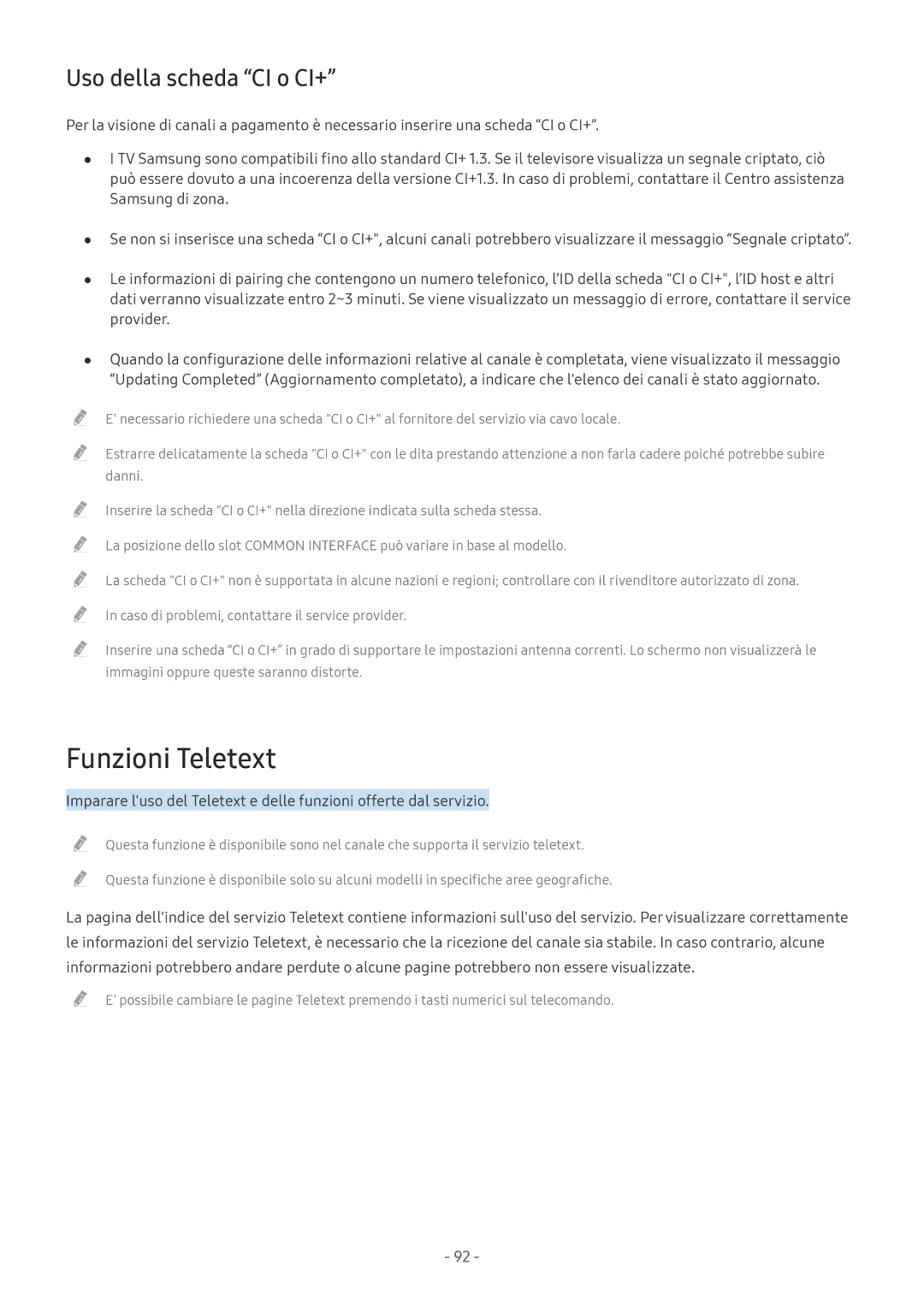 Samsung UE40MU6100WXXN, UE65MU6442UXXH, UE58MU6192UXXH, UE55MU7002TXXH manual Funzioni Teletext, Uso della scheda CI o CI+ 