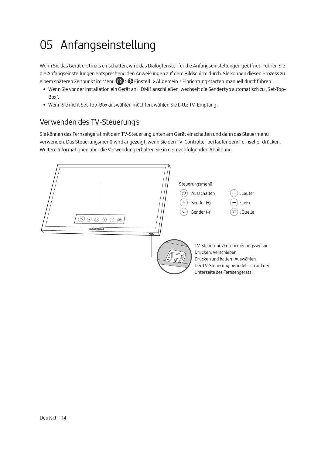 Samsung UE65MU6505UXXC, UE55MU6505UXXC, UE49MU6505UXXC manual Anfangseinstellung, Verwenden des TV-Steuerungs 