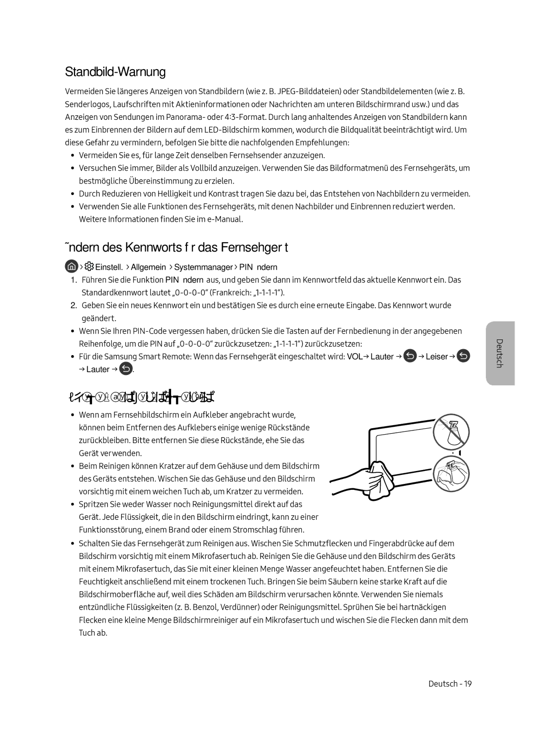 Samsung UE49MU6505UXXC Standbild-Warnung, Ändern des Kennworts für das Fernsehgerät, Pflegen des Fernsehgeräts, → Lauter → 