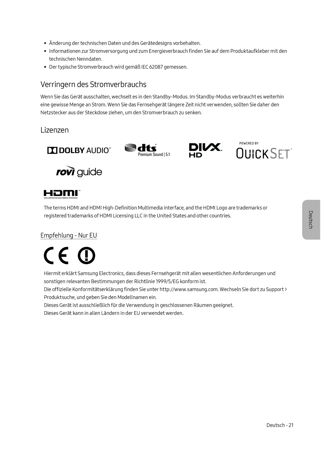 Samsung UE55MU6505UXXC, UE65MU6505UXXC, UE49MU6505UXXC manual Verringern des Stromverbrauchs, Lizenzen, Empfehlung Nur EU 