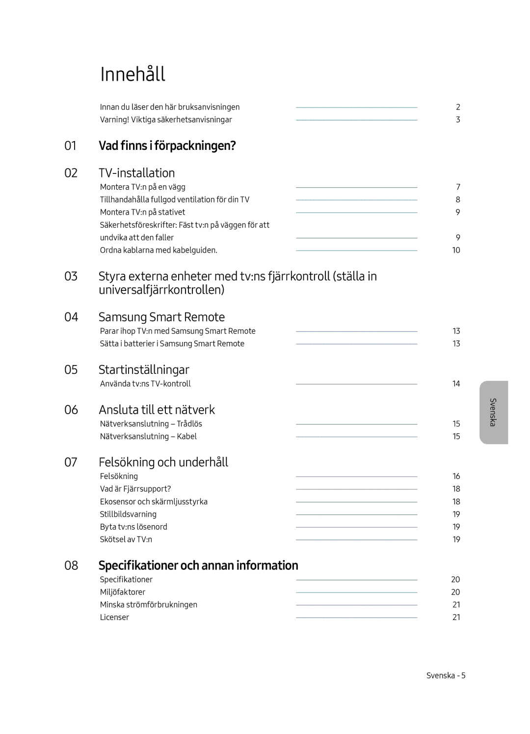 Samsung UE55MU6505UXXC, UE65MU6505UXXC, UE49MU6505UXXC manual Innehåll 