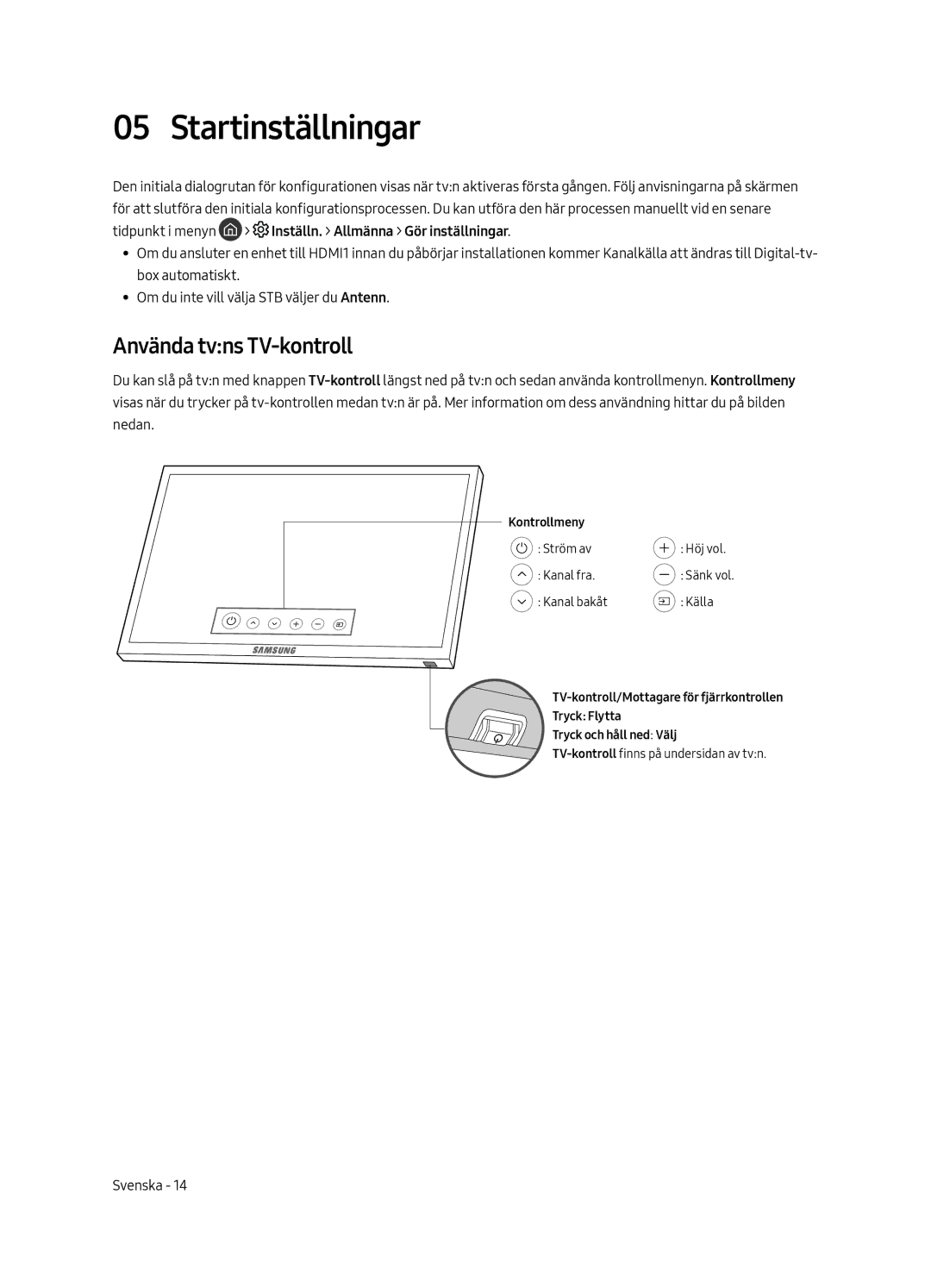 Samsung UE55MU6505UXXC, UE65MU6505UXXC, UE49MU6505UXXC manual Startinställningar, Använda tvns TV-kontroll 