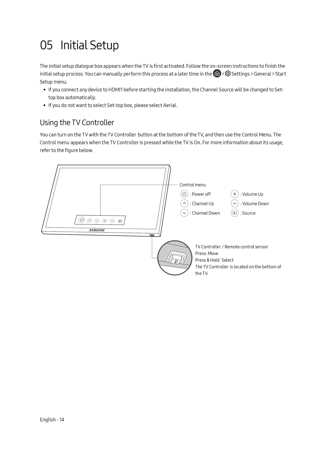 Samsung UE49MU6505UXXC, UE65MU6505UXXC, UE55MU6505UXXC manual Initial Setup, Using the TV Controller 