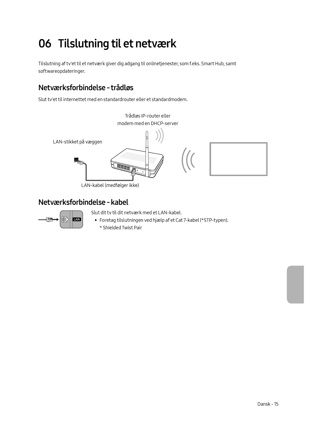 Samsung UE65MU6505UXXC, UE55MU6505UXXC Tilslutning til et netværk, Netværksforbindelse trådløs, Netværksforbindelse kabel 