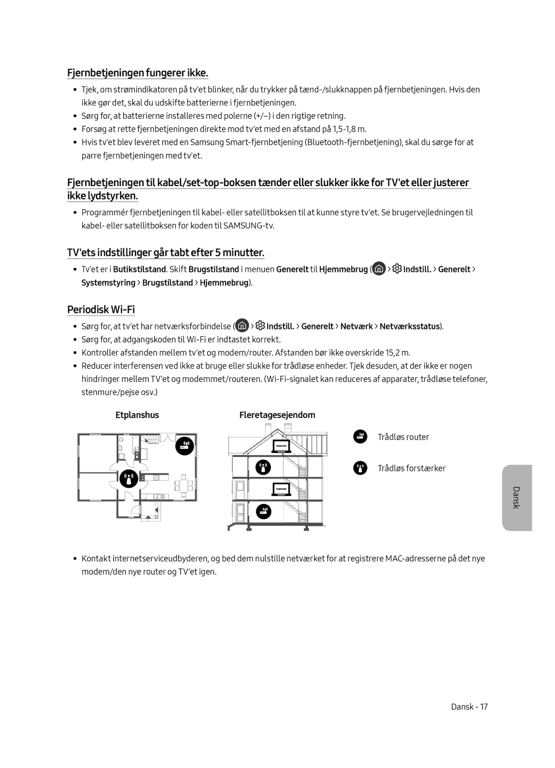 Samsung UE49MU6505UXXC Fjernbetjeningen fungerer ikke, TVets indstillinger går tabt efter 5 minutter, Periodisk Wi-Fi 