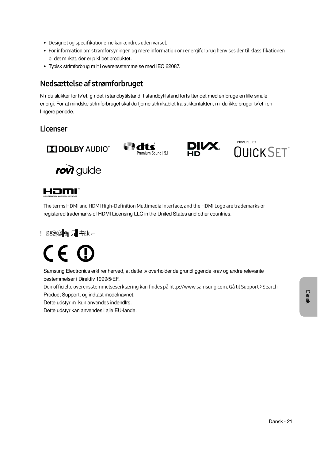 Samsung UE65MU6505UXXC, UE55MU6505UXXC, UE49MU6505UXXC manual Nedsættelse af strømforbruget, Anbefaling kun EU 