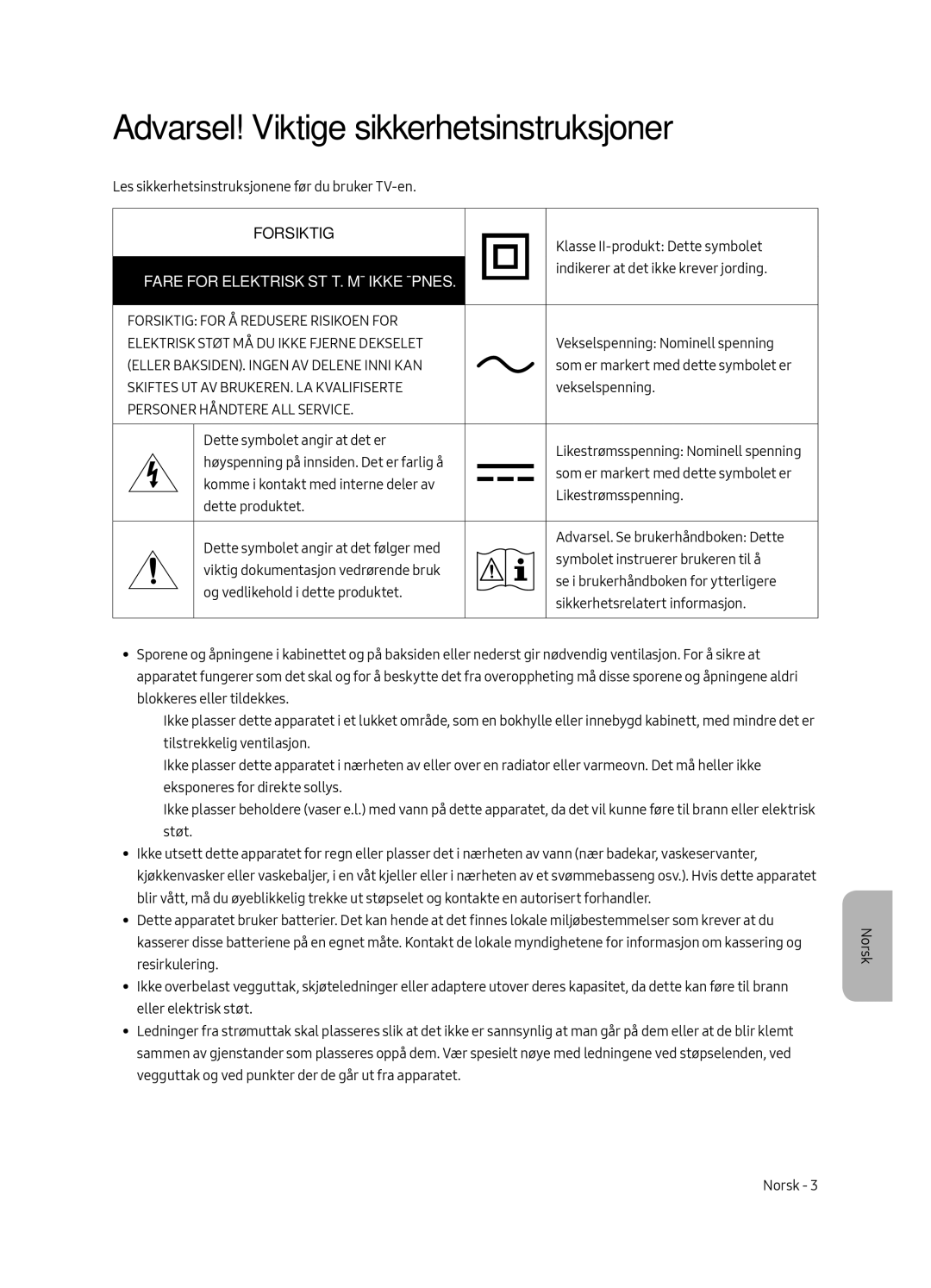 Samsung UE55MU6505UXXC, UE65MU6505UXXC, UE49MU6505UXXC manual Forsiktig 