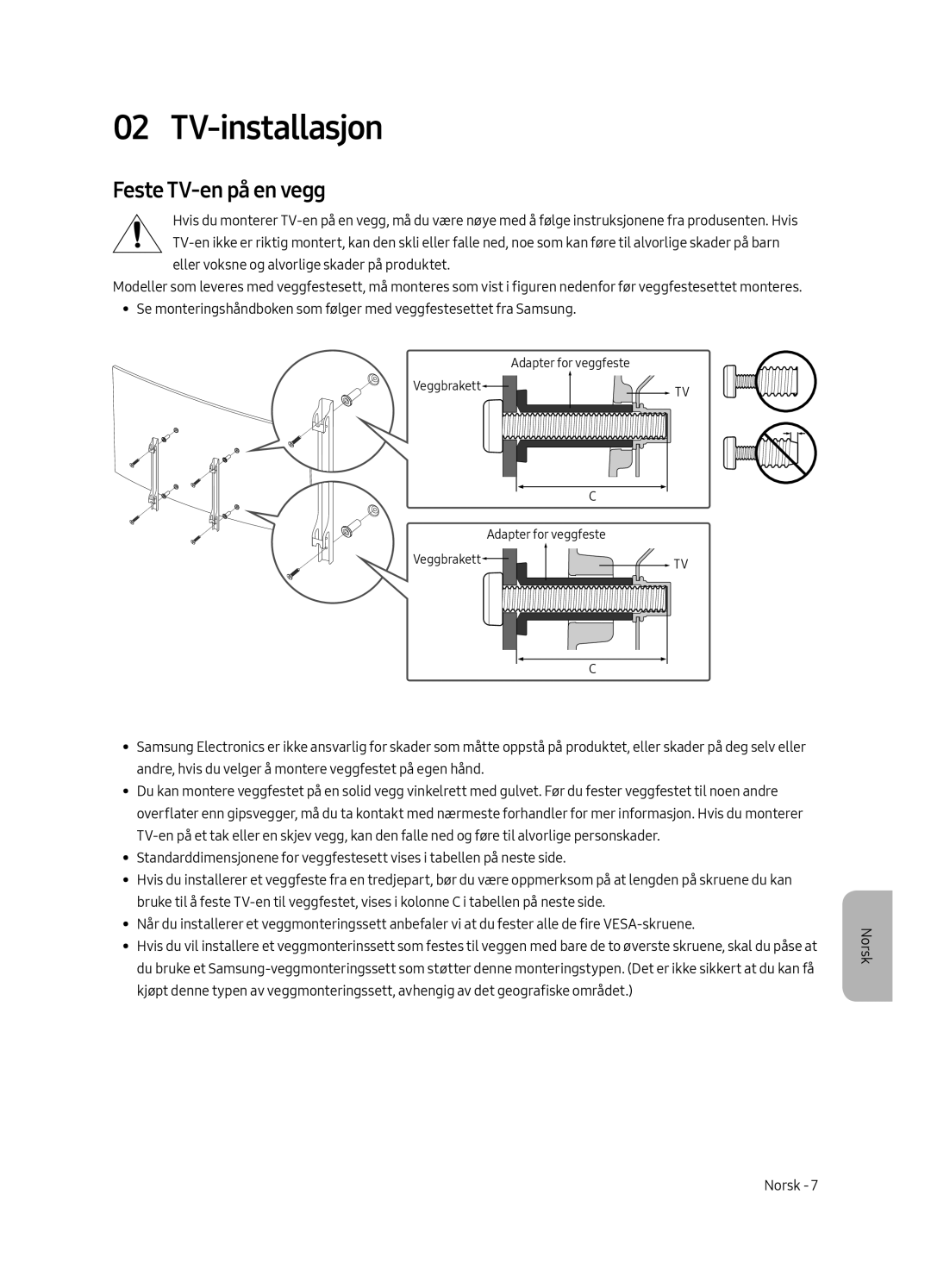 Samsung UE49MU6505UXXC, UE65MU6505UXXC, UE55MU6505UXXC manual TV-installasjon, Feste TV-en på en vegg 