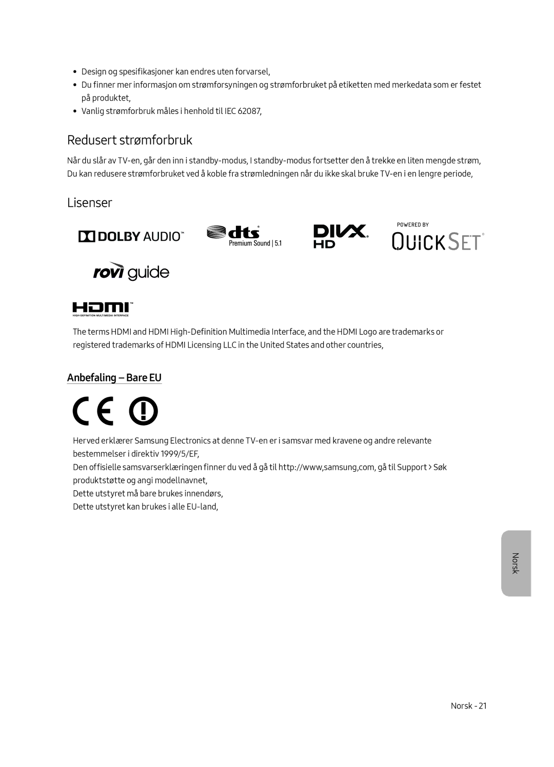 Samsung UE55MU6505UXXC, UE65MU6505UXXC, UE49MU6505UXXC manual Redusert strømforbruk, Lisenser, Anbefaling Bare EU 