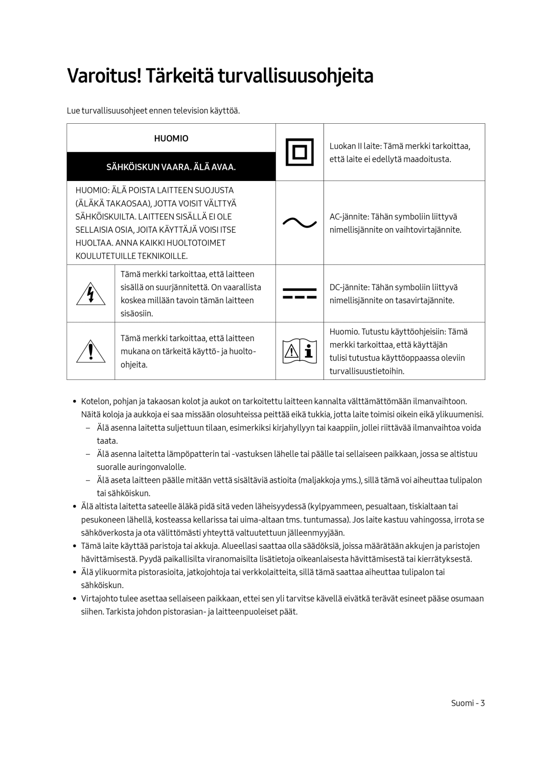 Samsung UE49MU6505UXXC, UE65MU6505UXXC, UE55MU6505UXXC Varoitus! Tärkeitä turvallisuusohjeita, Sähköiskun VAARA. ÄLÄ Avaa 