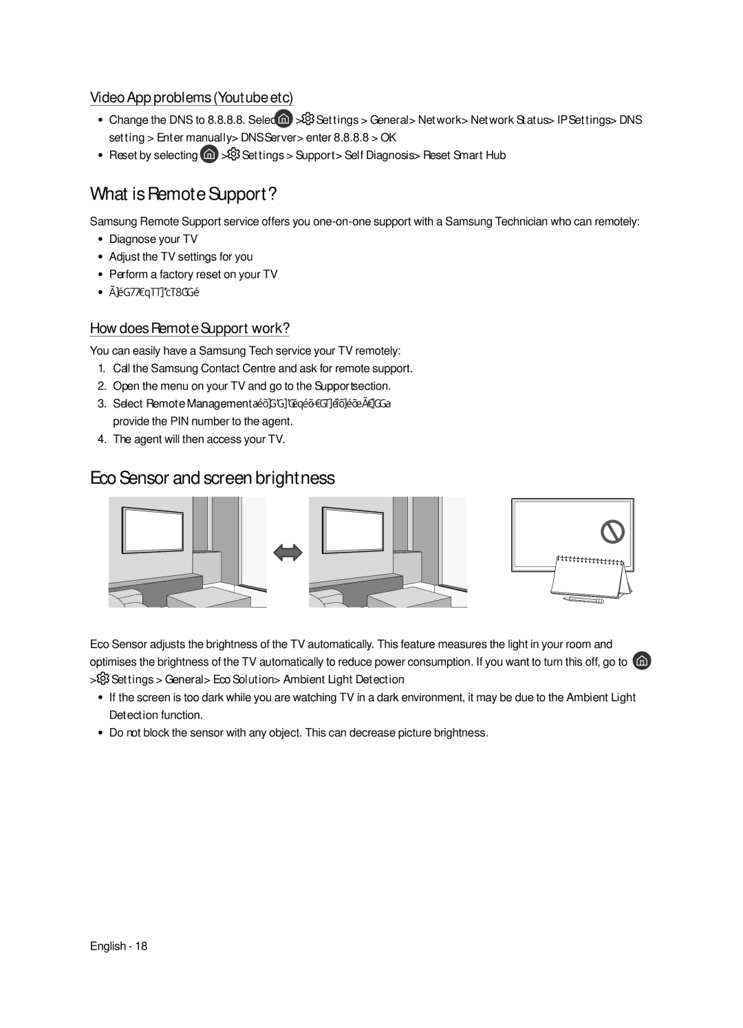 Samsung UE65MU6505UXXC manual What is Remote Support?, Eco Sensor and screen brightness, Video App problems Youtube etc 