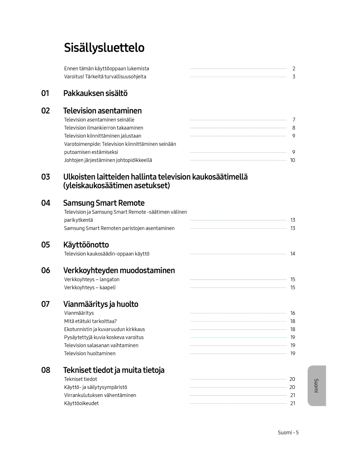 Samsung UE55MU6505UXXC, UE65MU6505UXXC, UE49MU6505UXXC manual Sisällysluettelo 