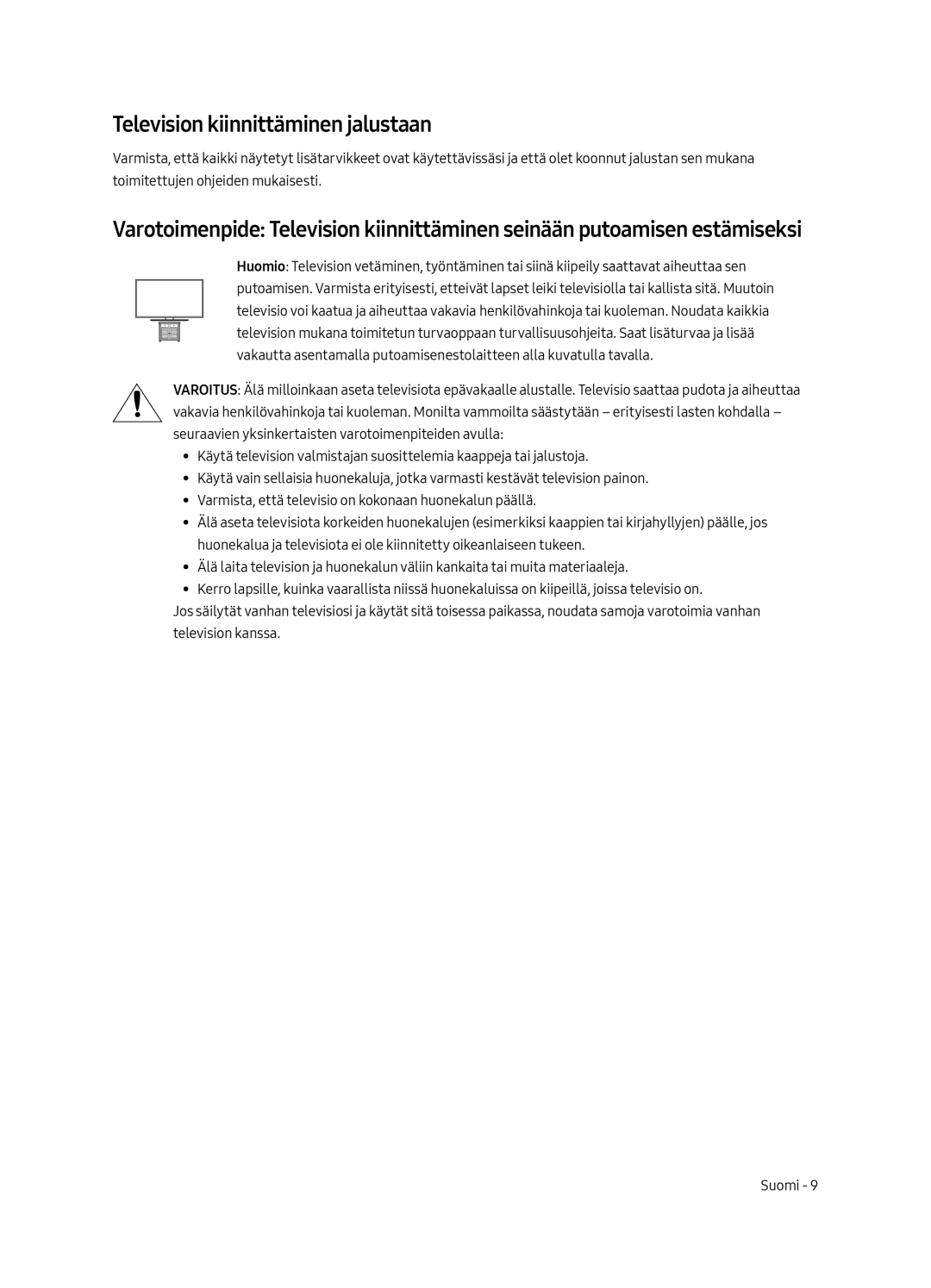 Samsung UE49MU6505UXXC, UE65MU6505UXXC, UE55MU6505UXXC manual Television kiinnittäminen jalustaan 