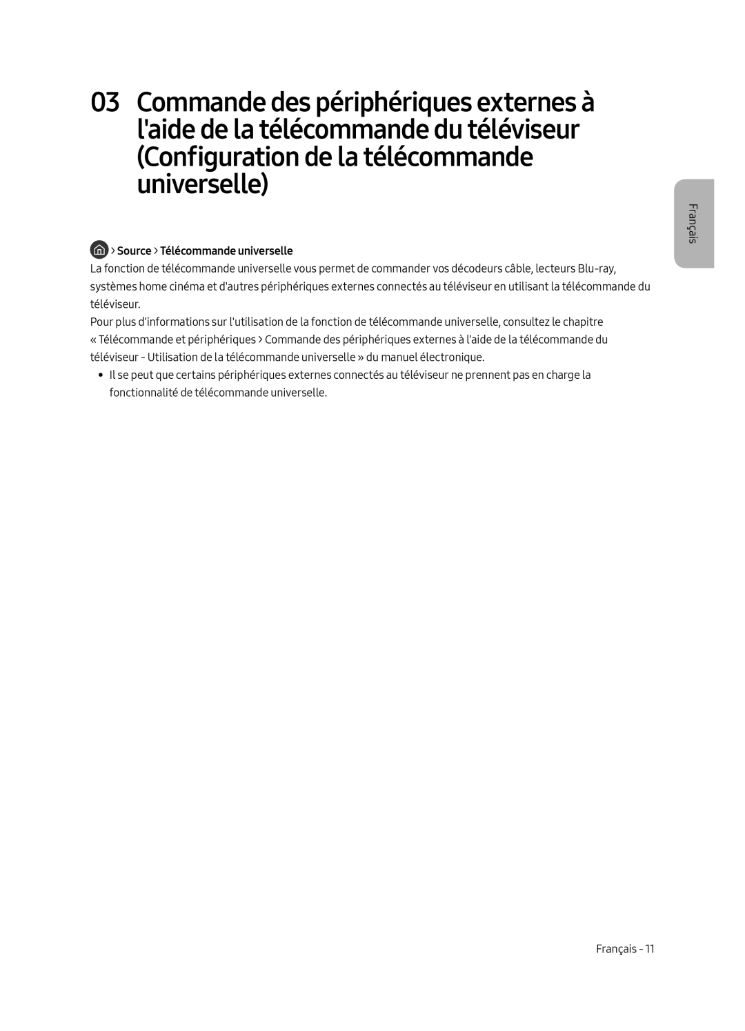 Samsung UE65MU6505UXXC, UE55MU6505UXXC manual Configuration de la télécommande universelle, Source Télécommande universelle 