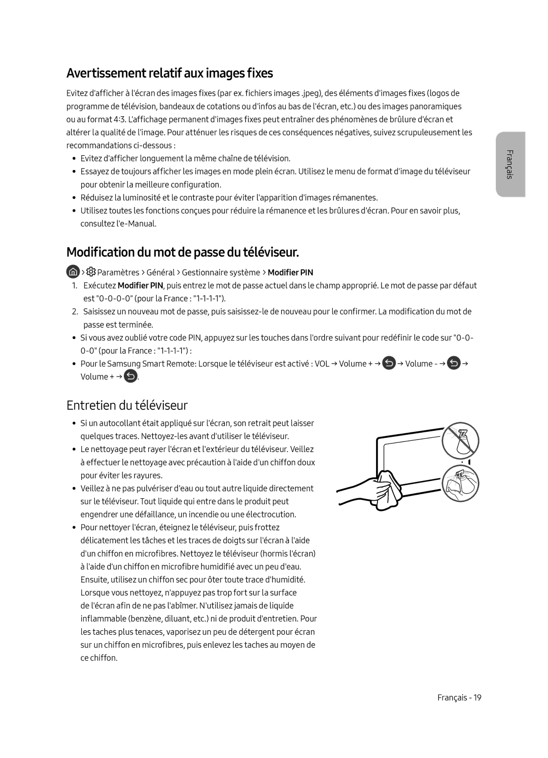 Samsung UE49MU6505UXXC Avertissement relatif aux images fixes, Modification du mot de passe du téléviseur, Volume + → 