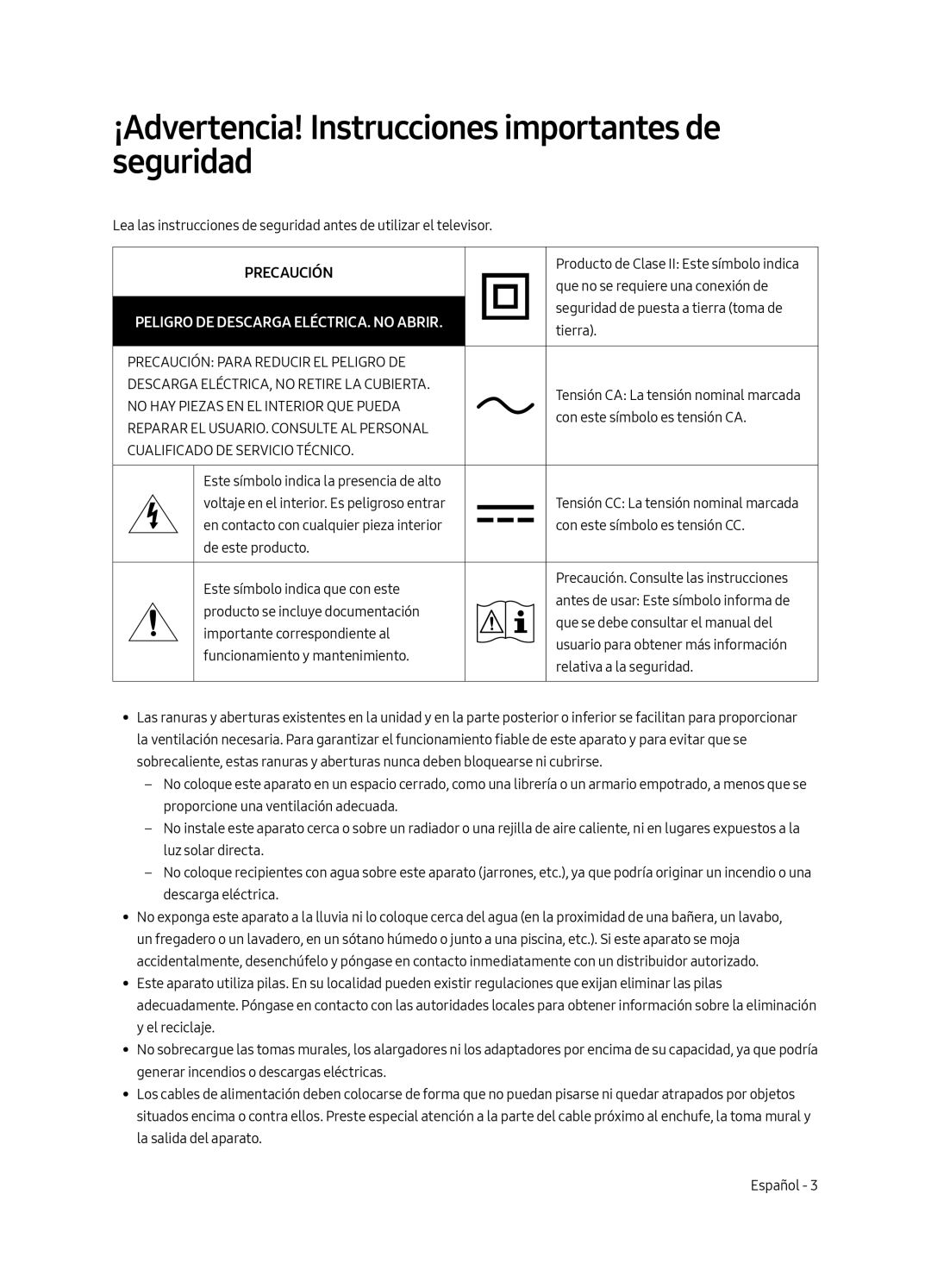 Samsung UE49MU6505UXXC, UE65MU6505UXXC, UE55MU6505UXXC ¡Advertencia! Instrucciones importantes de seguridad, Precaución 