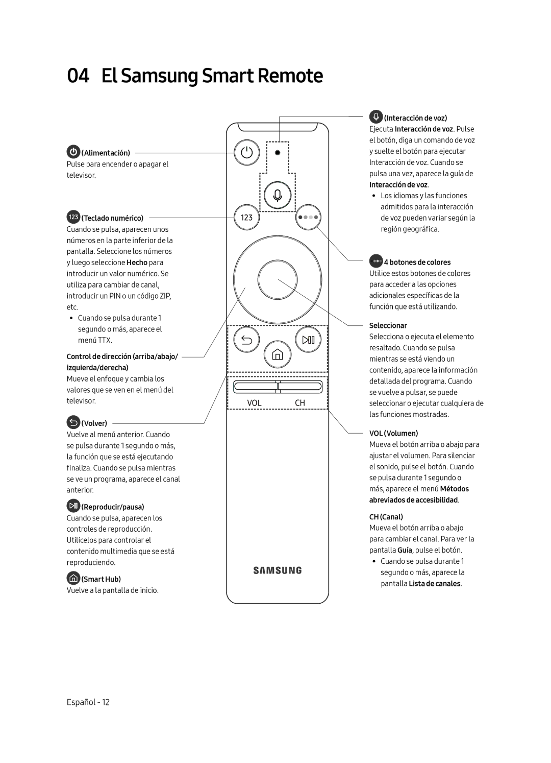 Samsung UE49MU6505UXXC, UE65MU6505UXXC, UE55MU6505UXXC manual El Samsung Smart Remote, Alimentación 