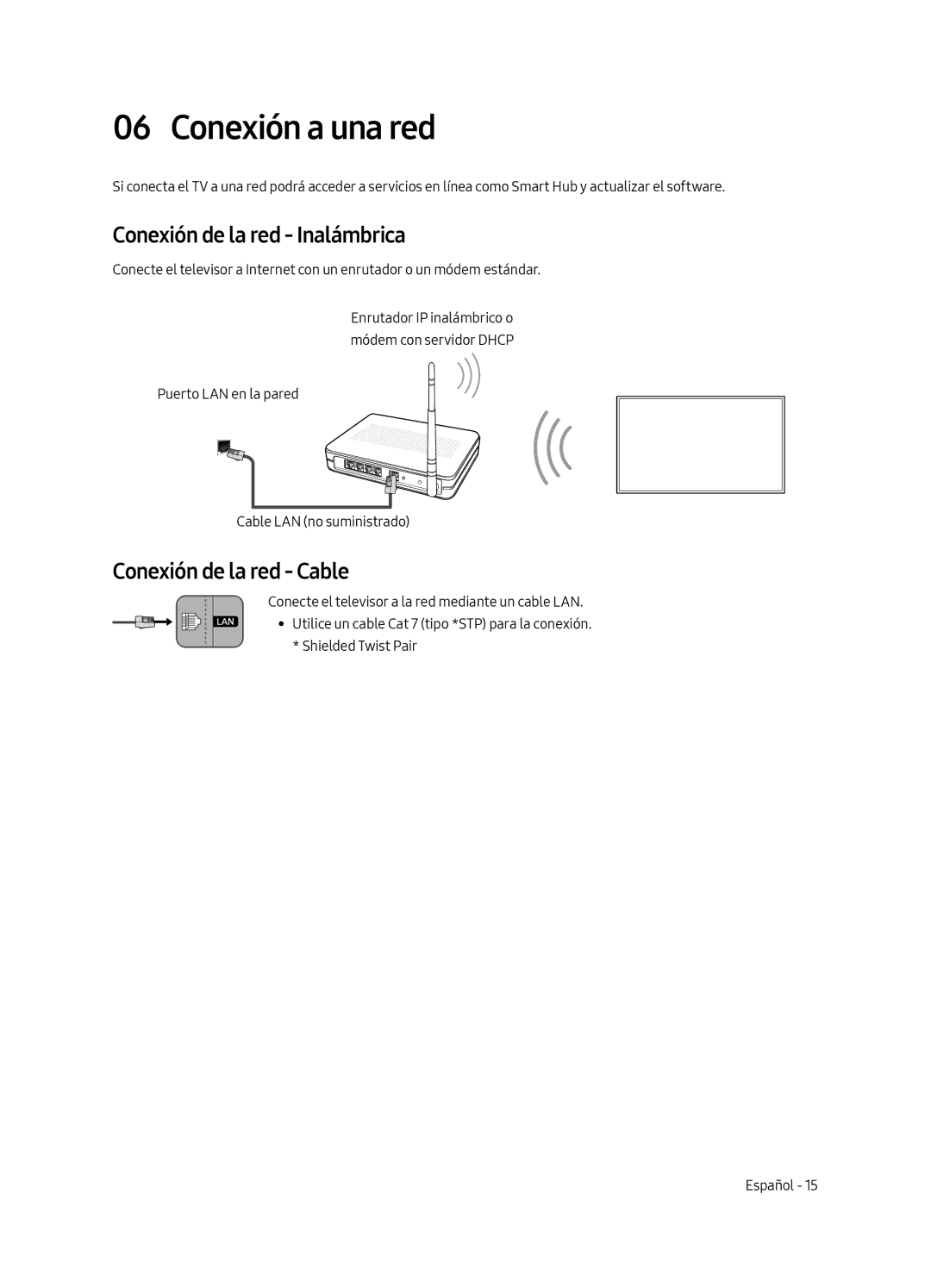 Samsung UE49MU6505UXXC, UE65MU6505UXXC manual Conexión a una red, Conexión de la red Inalámbrica, Conexión de la red Cable 