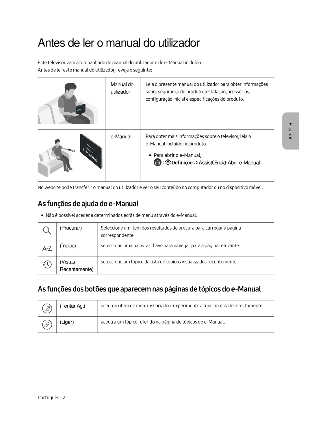 Samsung UE49MU6505UXXC, UE65MU6505UXXC, UE55MU6505UXXC Antes de ler o manual do utilizador, As funções de ajuda do e-Manual 