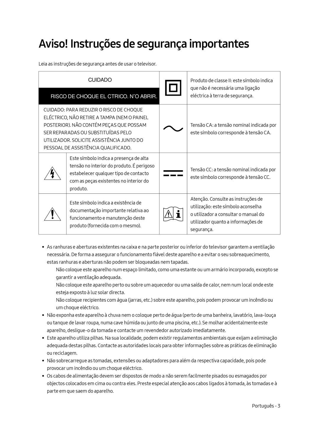 Samsung UE65MU6505UXXC, UE55MU6505UXXC Aviso! Instruções de segurança importantes, Risco DE Choque ELÉCTRICO. NÃO Abrir 