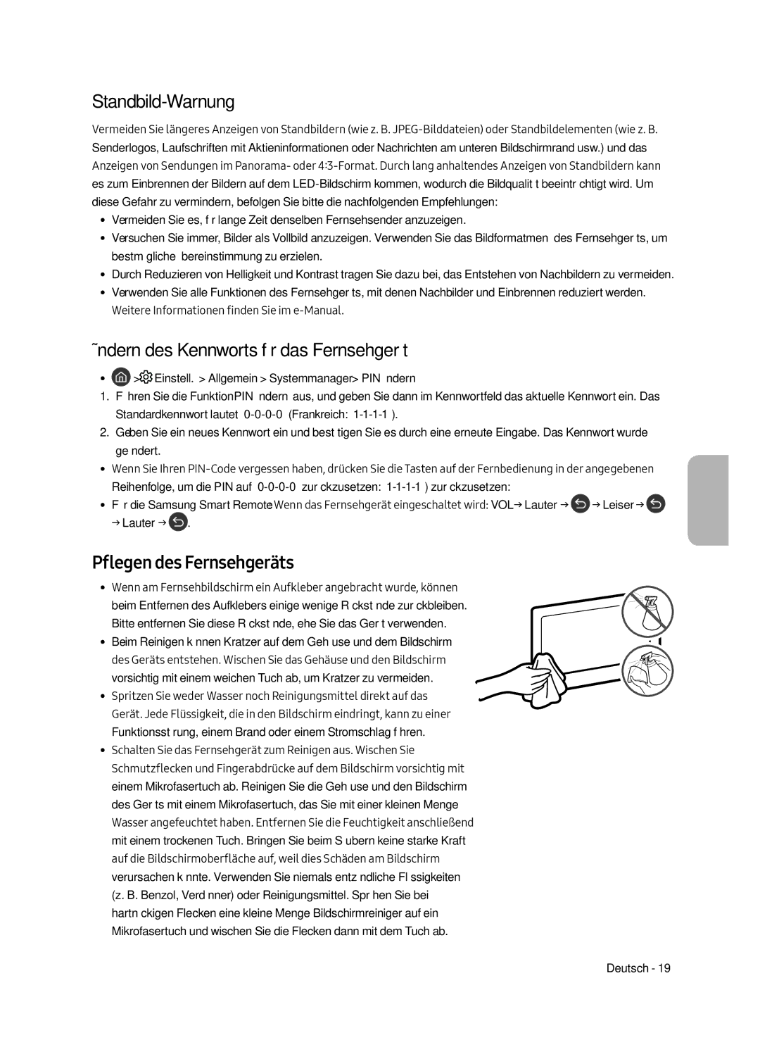 Samsung UE55MU6675UXXC Standbild-Warnung, Ändern des Kennworts für das Fernsehgerät, Pflegen des Fernsehgeräts, → Lauter → 