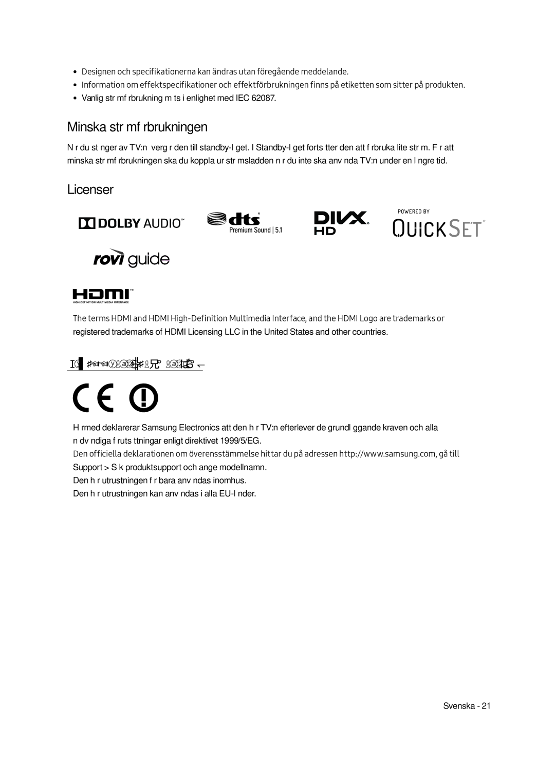 Samsung UE55MU6645UXXC, UE65MU6655UXXC, UE65MU6645UXXC manual Minska strömförbrukningen, Licenser, Rekommendation Endast EU 