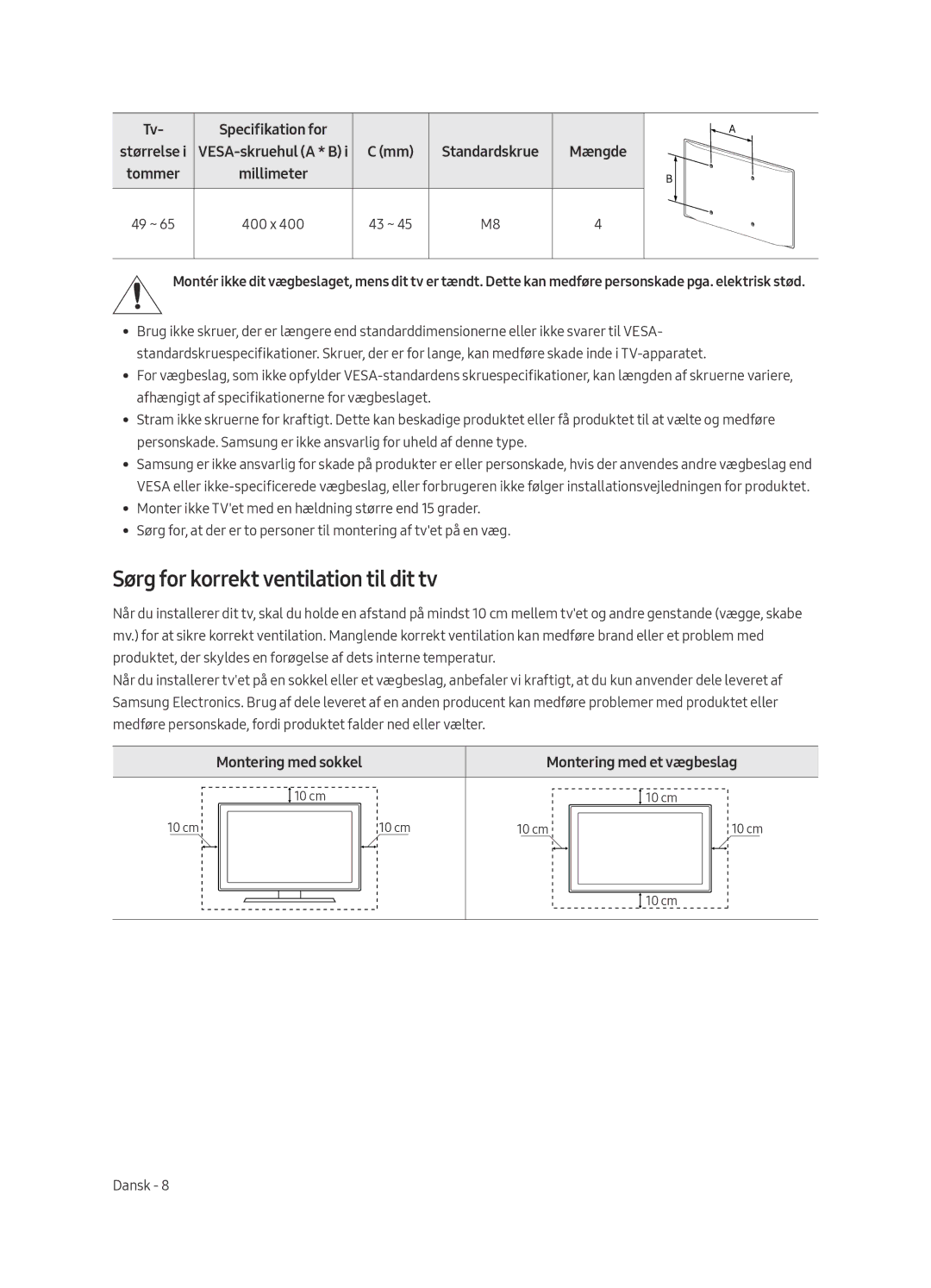 Samsung UE55MU6645UXXC, UE65MU6655UXXC, UE65MU6645UXXC manual Sørg for korrekt ventilation til dit tv, Standardskrue Mængde 