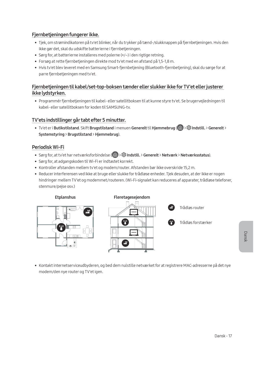 Samsung UE55MU6645UXXC Fjernbetjeningen fungerer ikke, TVets indstillinger går tabt efter 5 minutter, Periodisk Wi-Fi 