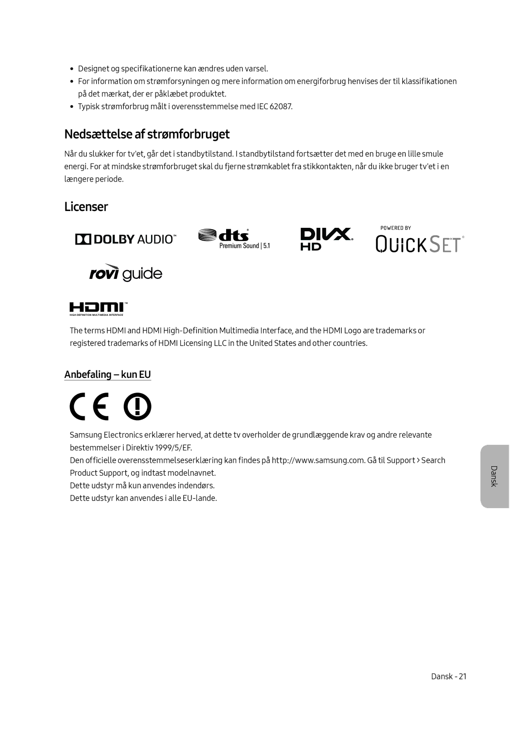 Samsung UE65MU6655UXXC, UE65MU6645UXXC, UE49MU6655UXXC, UE55MU6655UXXC manual Nedsættelse af strømforbruget, Anbefaling kun EU 