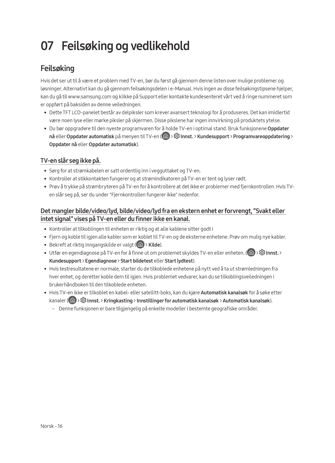 Samsung UE55MU6675UXXC, UE65MU6655UXXC, UE65MU6645UXXC manual Feilsøking og vedlikehold, TV-en slår seg ikke på, Innst 