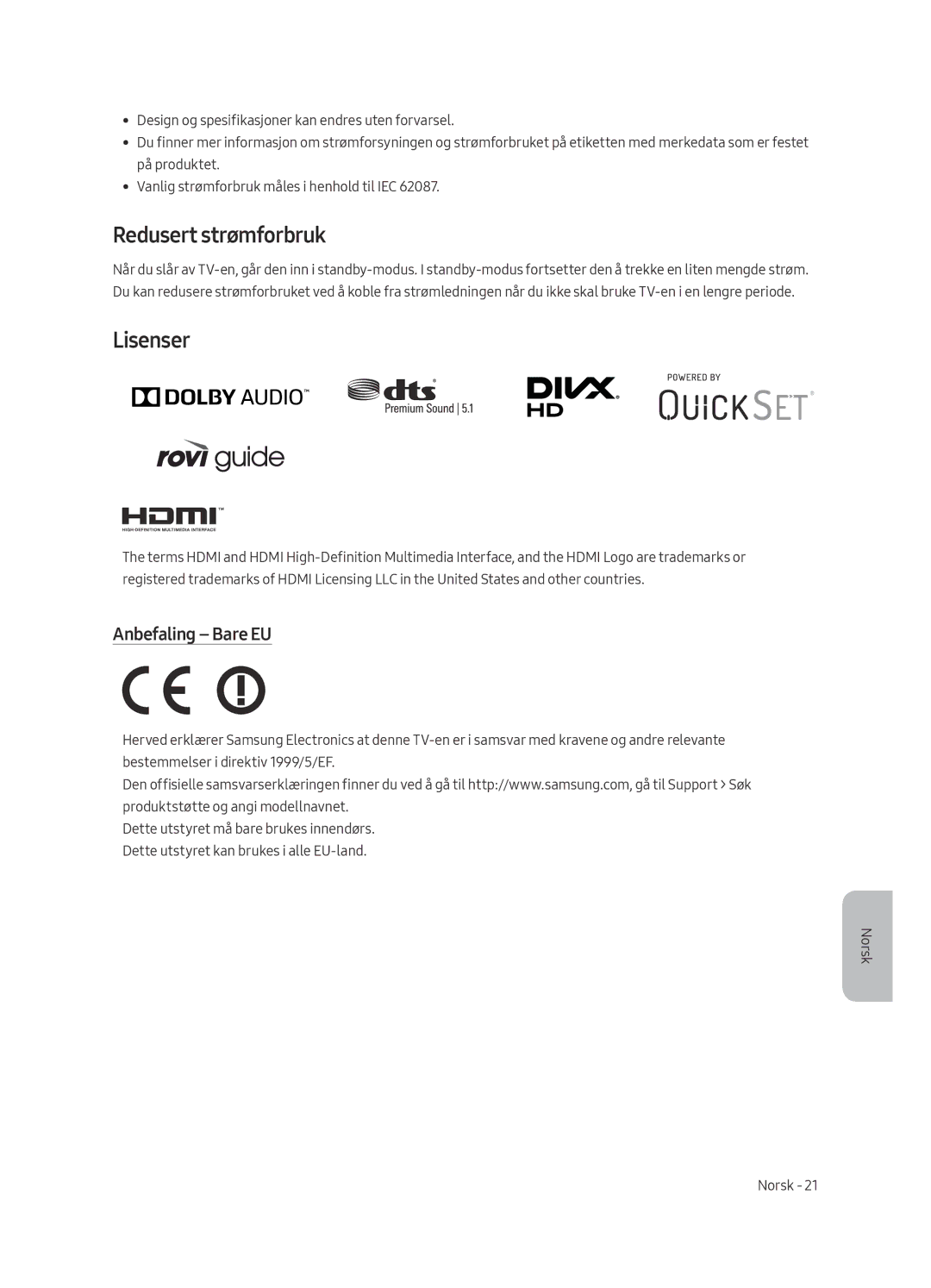 Samsung UE49MU6645UXXC, UE65MU6655UXXC, UE65MU6645UXXC, UE49MU6655UXXC Redusert strømforbruk, Lisenser, Anbefaling Bare EU 