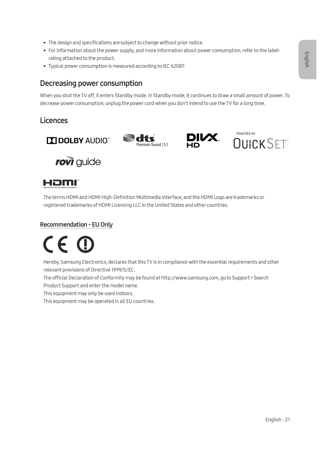 Samsung UE55MU6655UXXC, UE65MU6655UXXC, UE65MU6645UXXC manual Decreasing power consumption, Licences, Recommendation EU Only 