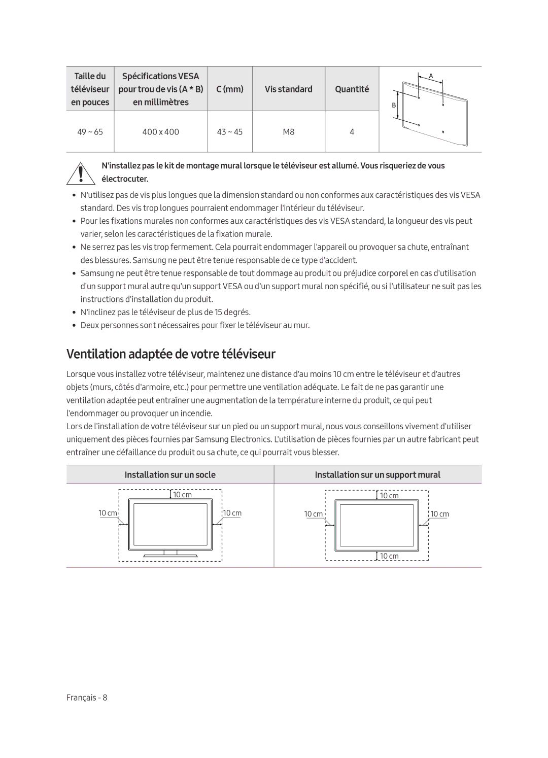 Samsung UE55MU6655UXXC manual Ventilation adaptée de votre téléviseur, Vis standard Quantité, Installation sur un socle 