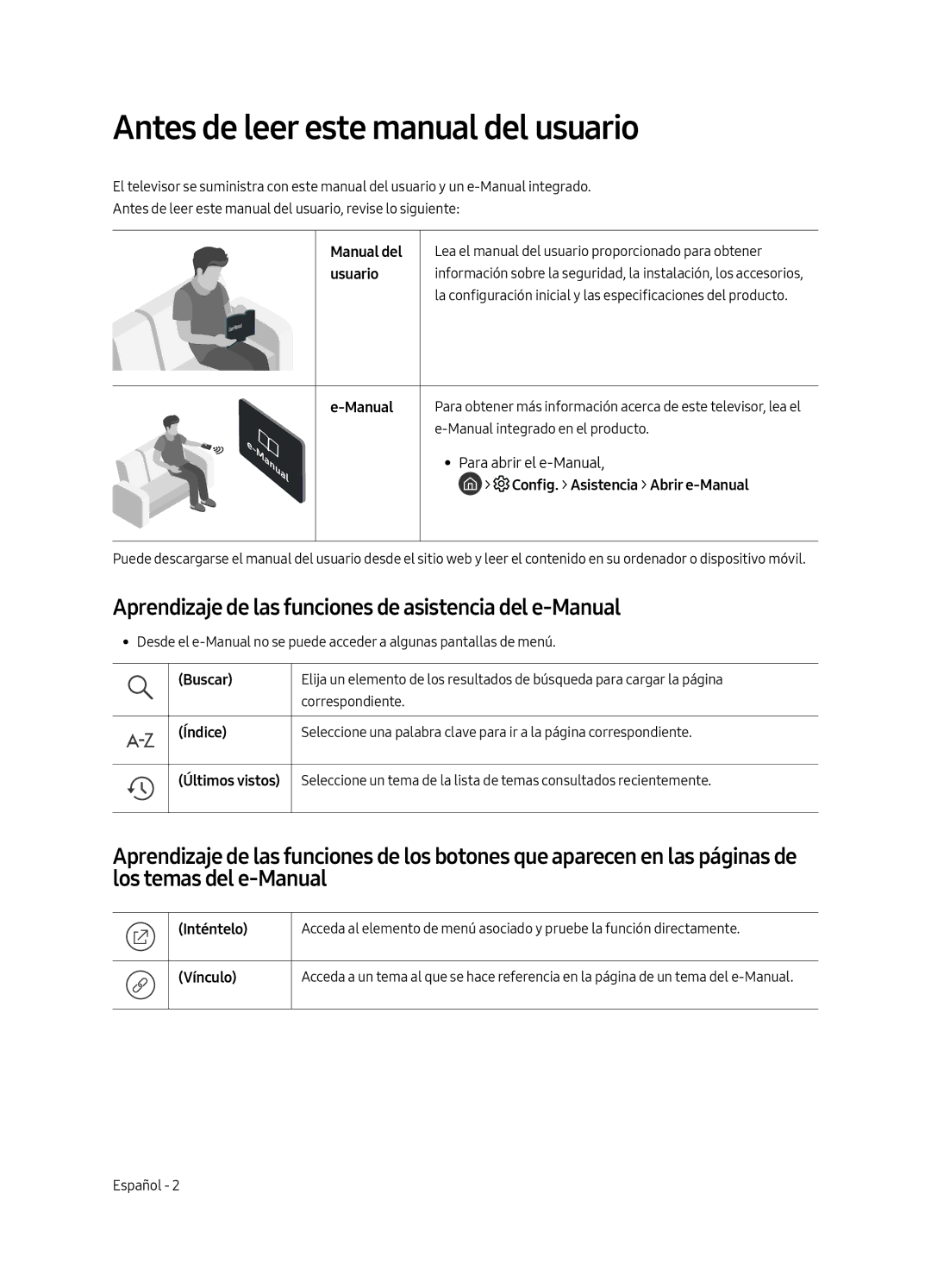 Samsung UE65MU6645UXXC Antes de leer este manual del usuario, Aprendizaje de las funciones de asistencia del e-Manual 