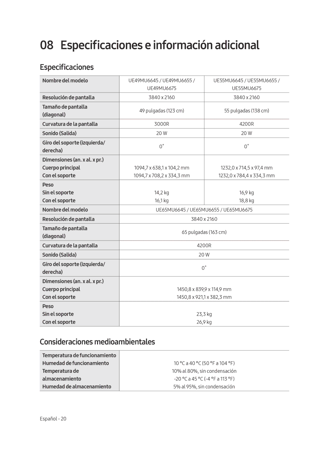 Samsung UE65MU6645UXXC, UE65MU6655UXXC manual Especificaciones e información adicional, Consideraciones medioambientales 