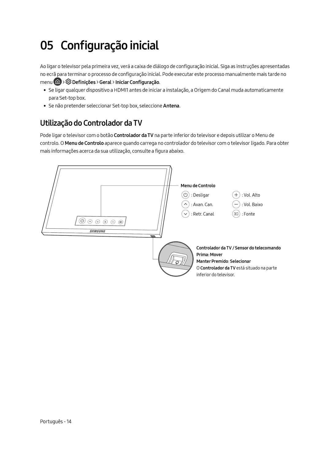 Samsung UE55MU6675UXXC, UE65MU6655UXXC, UE65MU6645UXXC, UE49MU6655UXXC Configuração inicial, Utilização do Controlador da TV 