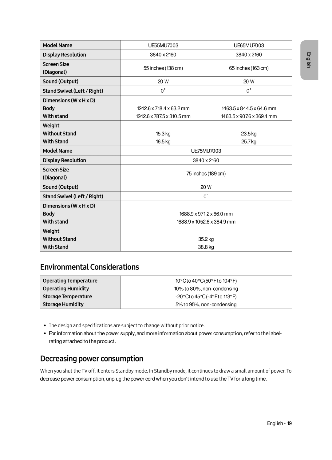 Samsung UE75MU7003UXSQ, UE65MU7003UXSQ, UE50MU7003UXSQ manual Environmental Considerations, Decreasing power consumption 