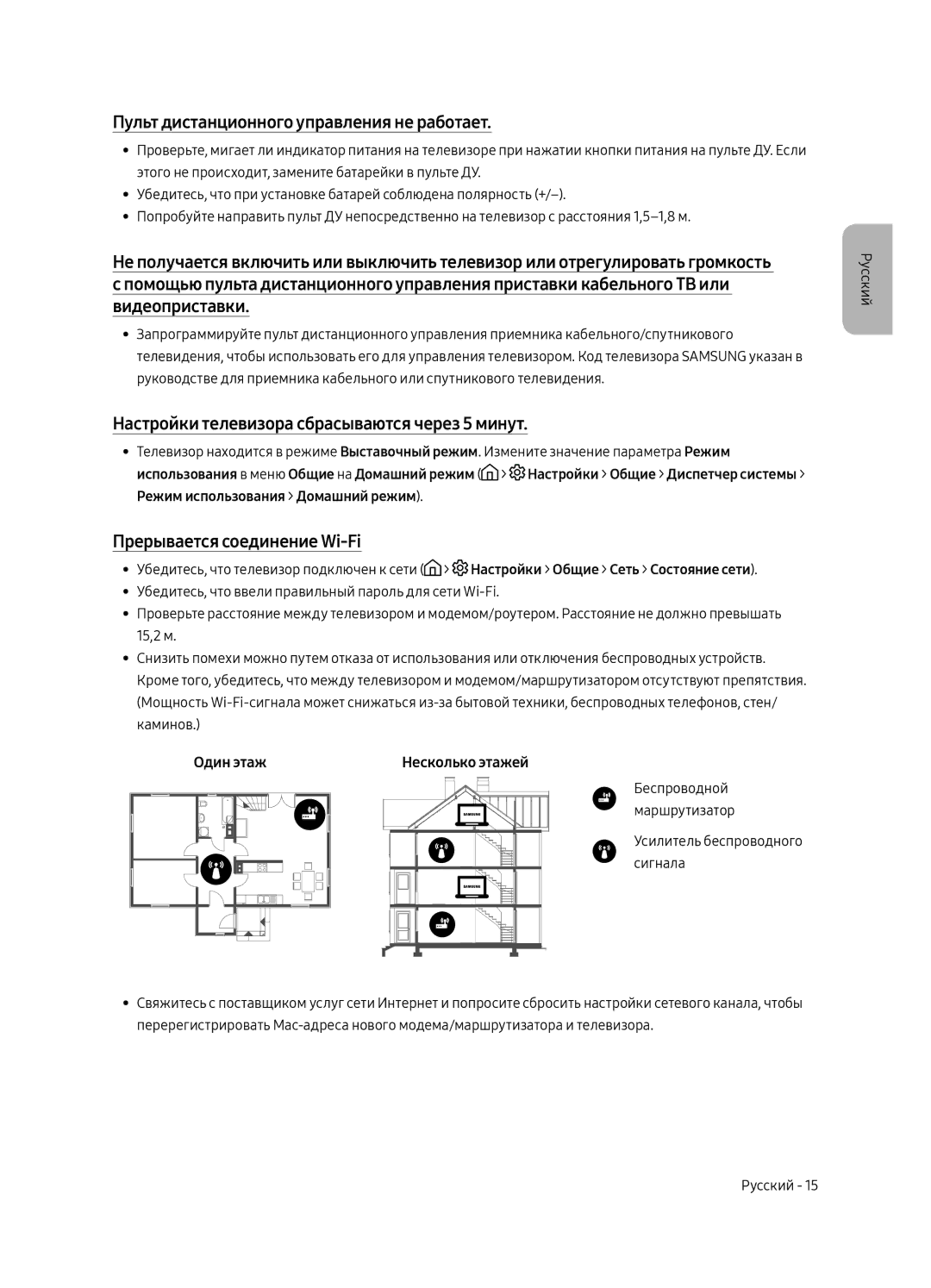 Samsung UE40MU7003UXSQ manual Пульт дистанционного управления не работает, Настройки телевизора сбрасываются через 5 минут 