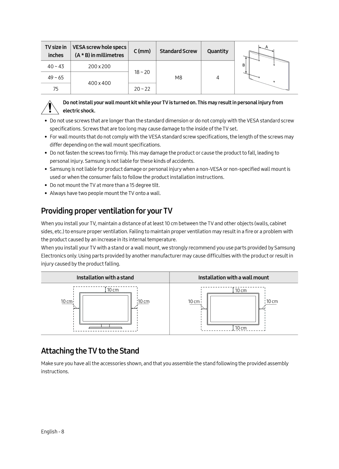 Samsung UE50MU7003UXSQ, UE65MU7003UXSQ manual Providing proper ventilation for your TV, Attaching the TV to the Stand 