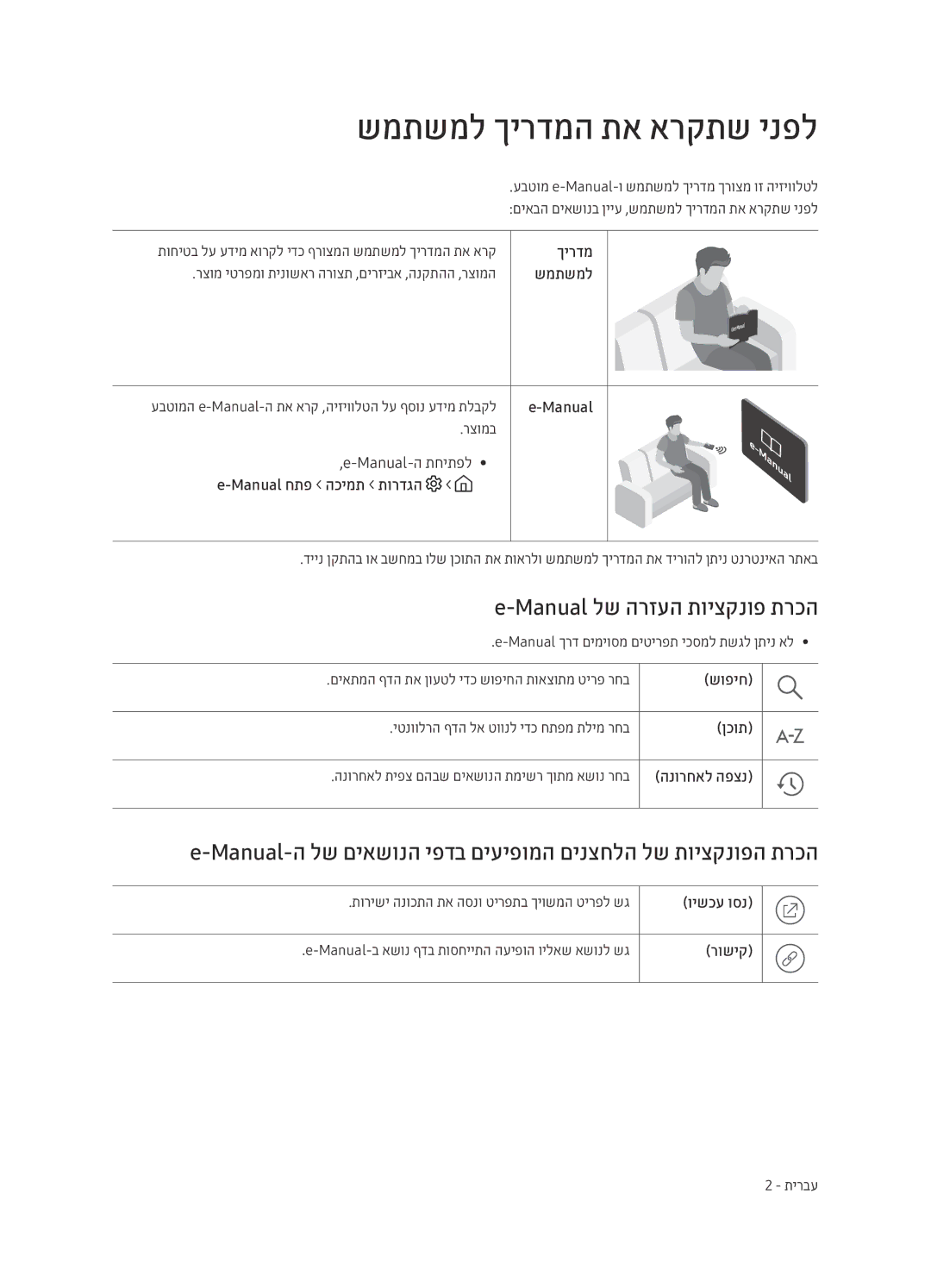Samsung UE50MU7003UXSQ, UE65MU7003UXSQ, UE75MU7003UXSQ manual שמתשמל ךירדמה תא ארקתש ינפל, Manual לש הרזעה תויצקנופ תרכה 